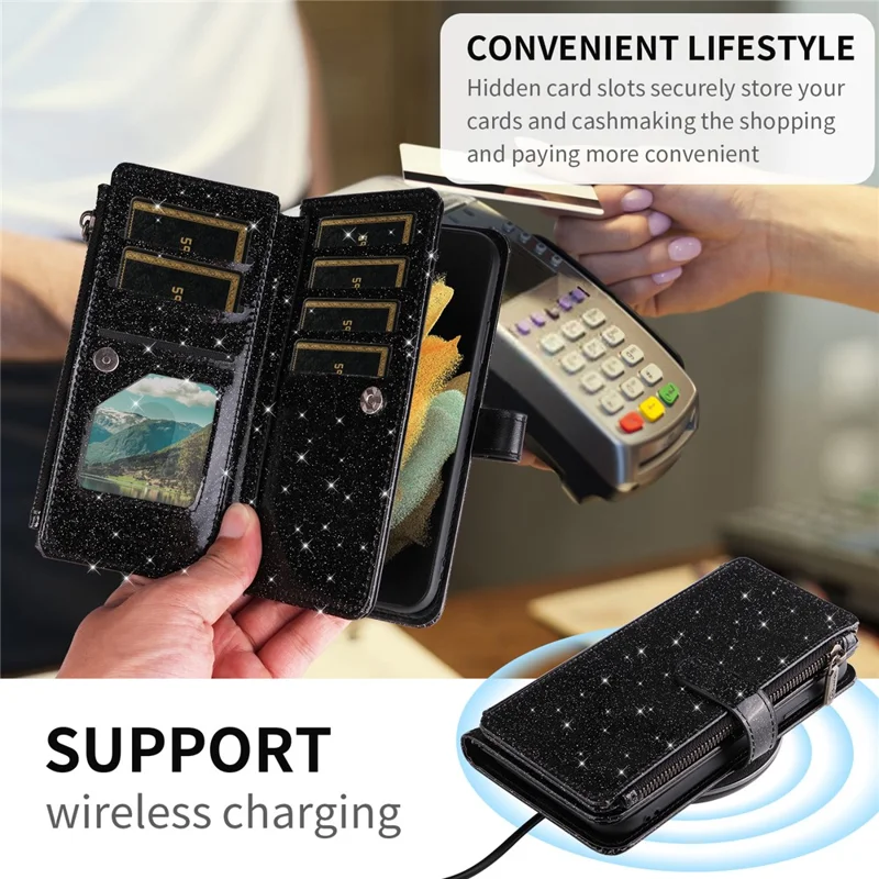 ASUWISH For Honor Magic6 Lite 5G  /  X9b 5G Case 10 Card Holder Glitter Leather Phone Cover with Crossbody Strap - Black