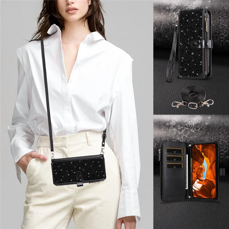 ASUWISH For Honor Magic6 Lite 5G  /  X9b 5G Case 10 Card Holder Glitter Leather Phone Cover with Crossbody Strap - Black