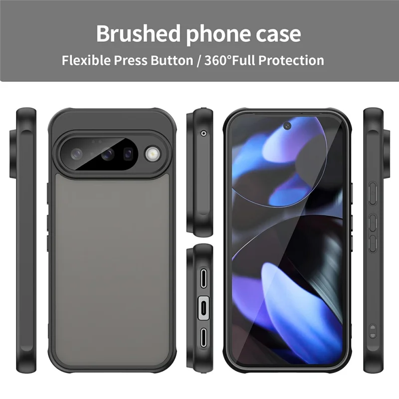 For Google Pixel 10 Case Drop Proof Airbags Frosted Translucent PC + TPU Phone Back Cover - Black