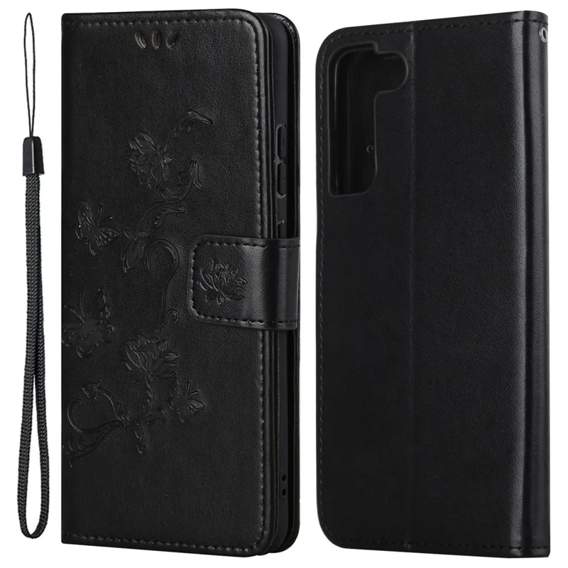 For Samsung Galaxy S23 Butterfly Flower Imprinted PU Leather Phone Case Wallet Hands-free Stand Smartphone Cover - Black