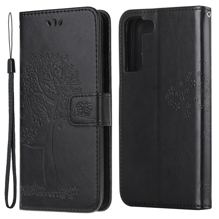 Phone Cover for Samsung Galaxy S23, Stand Feature PU Leather Imprinted Owl Tree Pattern Magnetic Clasp Flip Wallet Case - Black