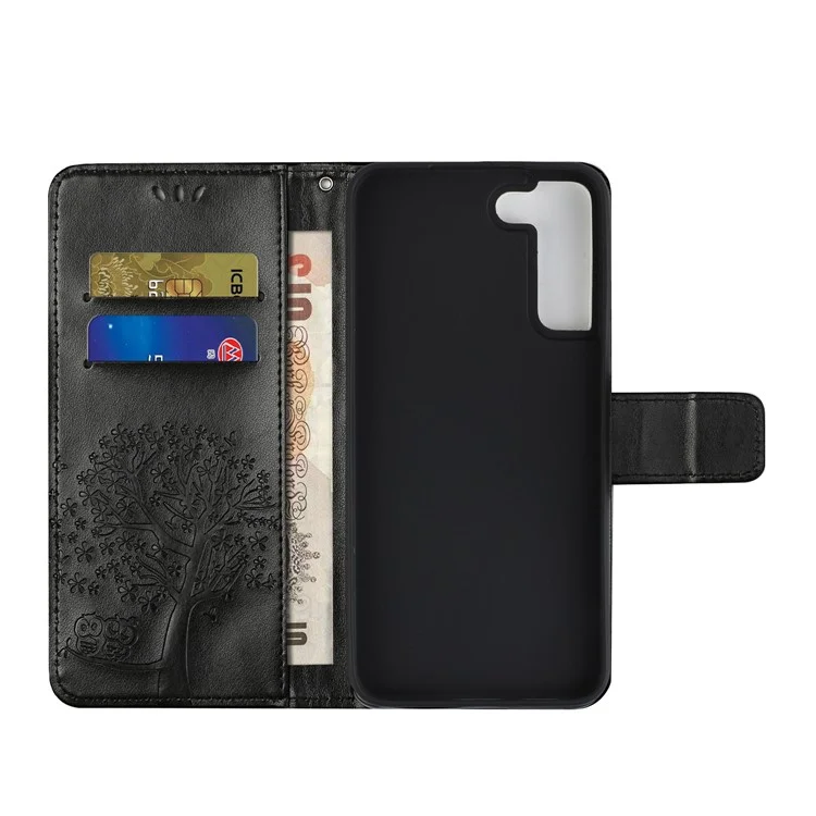 Phone Cover for Samsung Galaxy S23, Stand Feature PU Leather Imprinted Owl Tree Pattern Magnetic Clasp Flip Wallet Case - Black