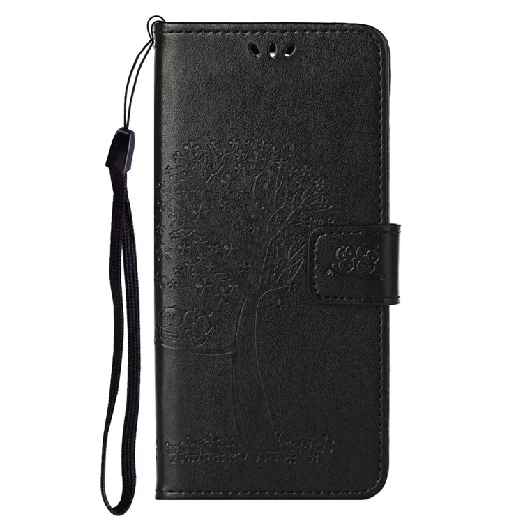 Phone Cover for Samsung Galaxy S23, Stand Feature PU Leather Imprinted Owl Tree Pattern Magnetic Clasp Flip Wallet Case - Black