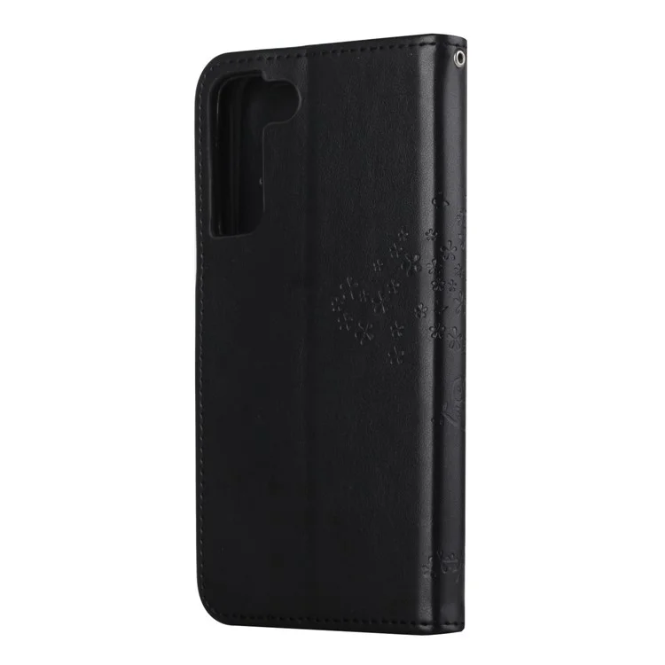 Phone Cover for Samsung Galaxy S23, Stand Feature PU Leather Imprinted Owl Tree Pattern Magnetic Clasp Flip Wallet Case - Black