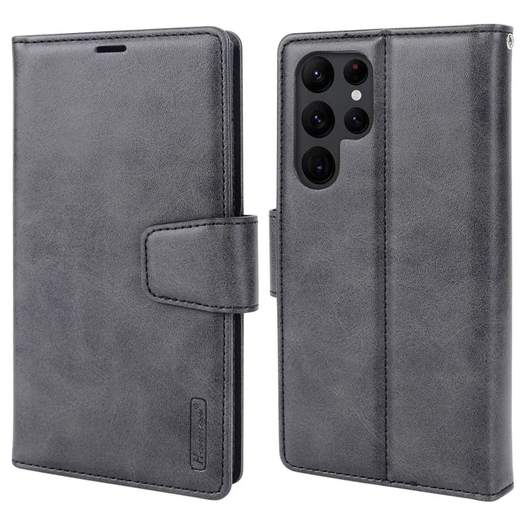 Hanman Miro2 Série Flip Phone Wallet Case Pour Samsung Galaxy S22 Ultra 5G PU le Cuir Stand Magnétique Détachable Couverture de Smartphone 2-en-1 - le Noir