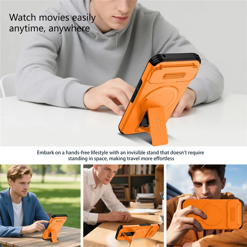 Obudowa do Google Pixel 9a z uchwytem, pokrywą obiektywu aparatu, PC + TPU, kompatybilna z MagSafe - Pomarańczowy