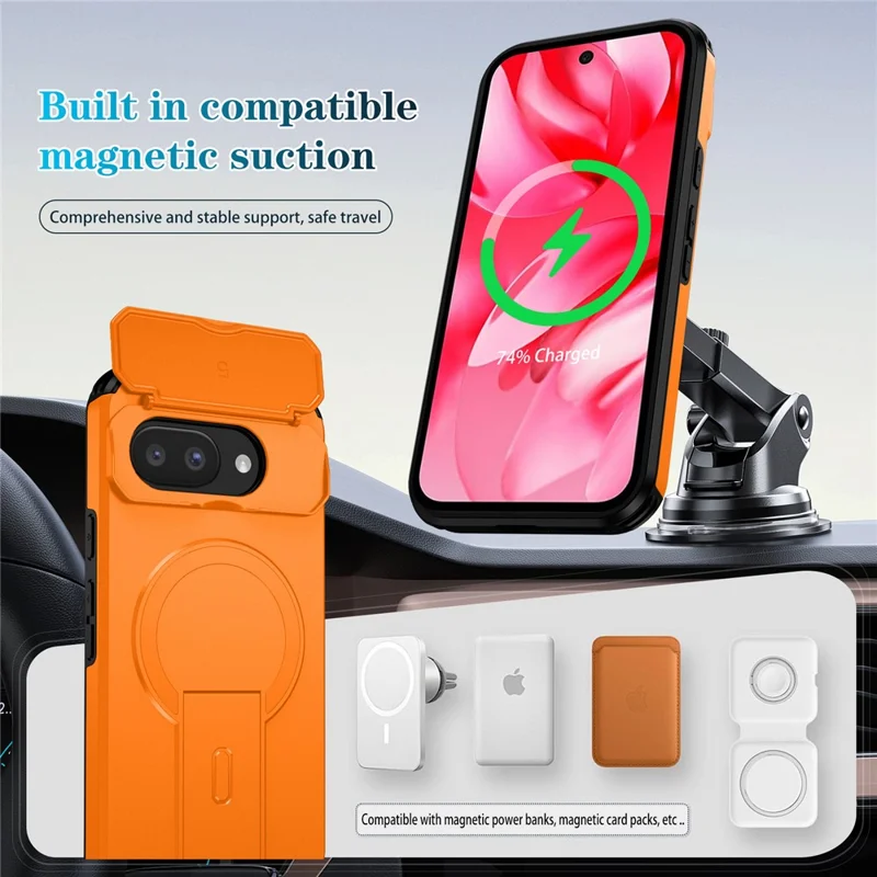 Obudowa do Google Pixel 9a z uchwytem, pokrywą obiektywu aparatu, PC + TPU, kompatybilna z MagSafe - Pomarańczowy