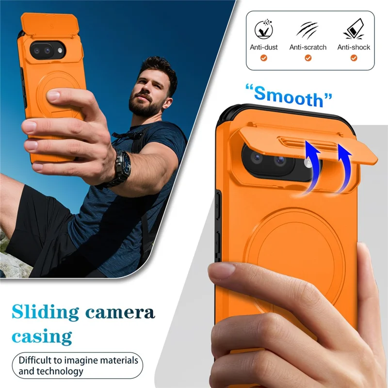 Obudowa do Google Pixel 9a z uchwytem, pokrywą obiektywu aparatu, PC + TPU, kompatybilna z MagSafe - Pomarańczowy