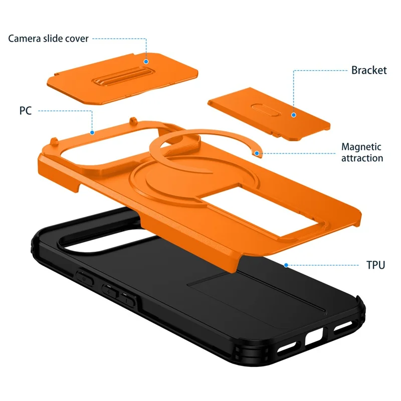 Kickstand Case for Google Pixel 10 Pro / 10 / 9 Pro / 9 PC + TPU Camera Slider Phone Cover Magnetic Case - Orange