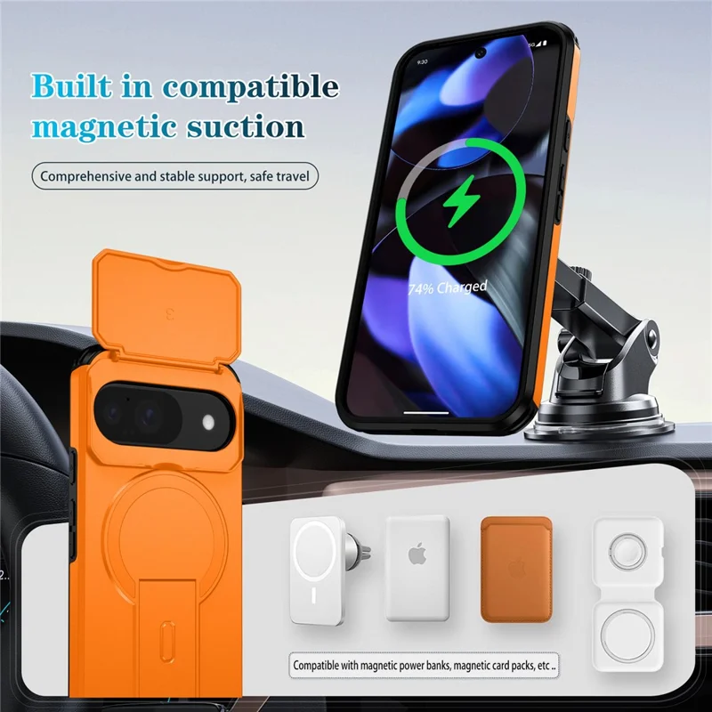 Kickstand Case for Google Pixel 10 Pro / 10 / 9 Pro / 9 PC + TPU Camera Slider Phone Cover Magnetic Case - Orange