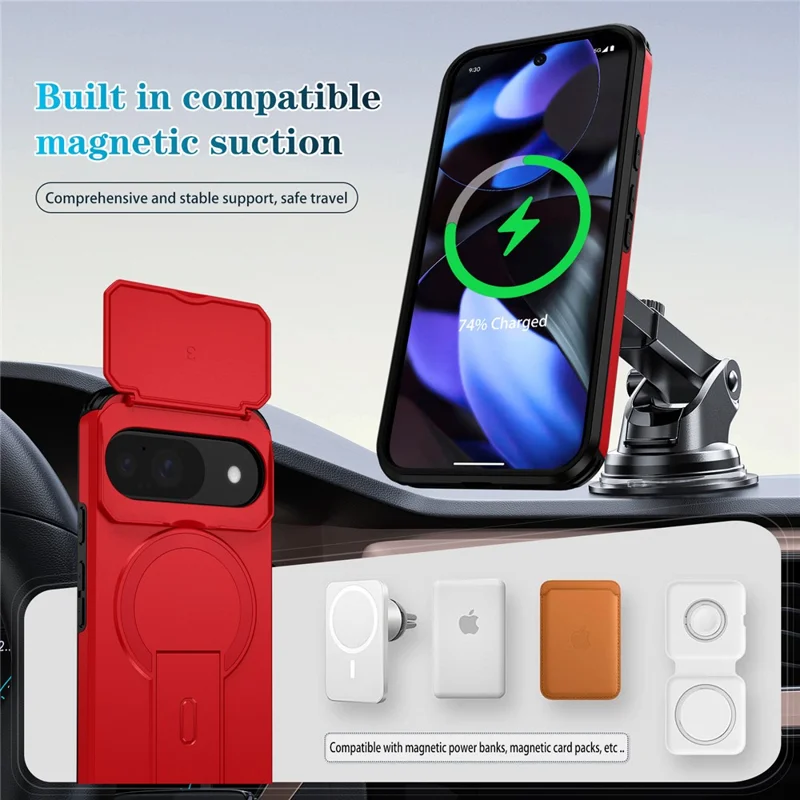 Capa com Suporte para Google Pixel 10 Pro / 10 / 9 Pro / 9 PC + Capa de Telefone Slider de Câmera TPU Compatível com MagSafe - Vermelho