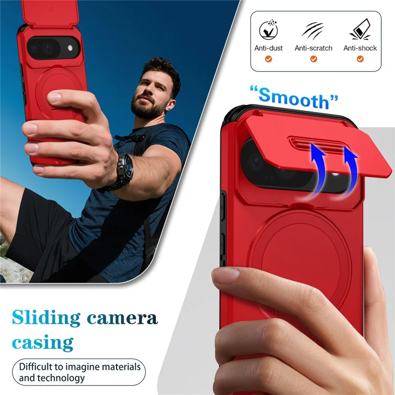 Capa com Suporte para Google Pixel 10 Pro / 10 / 9 Pro / 9 PC + Capa de Telefone Slider de Câmera TPU Compatível com MagSafe - Vermelho