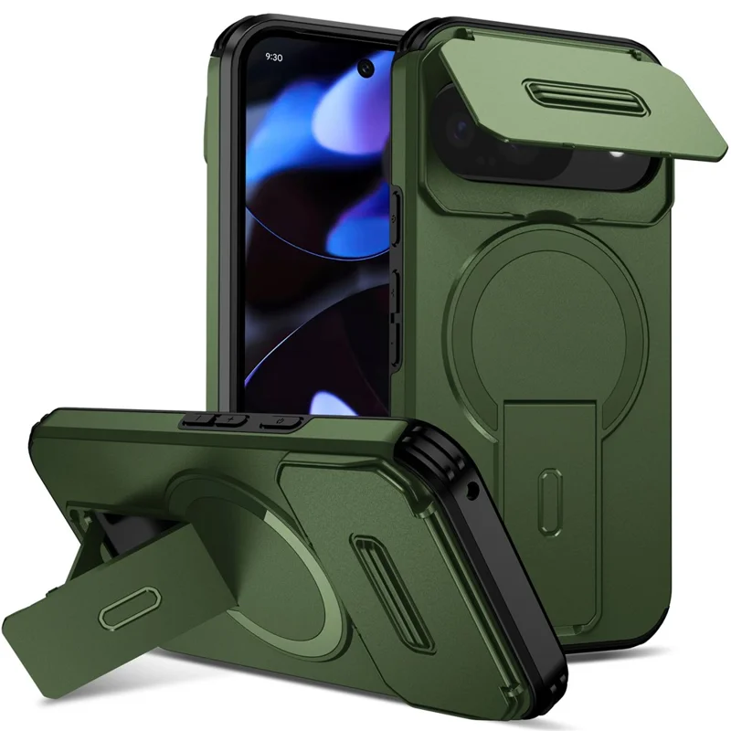 Kickstand Case for Google Pixel 10 Pro / 10 / 9 Pro / 9 PC + TPU Camera Slider Phone Cover Magnetic Case - Green