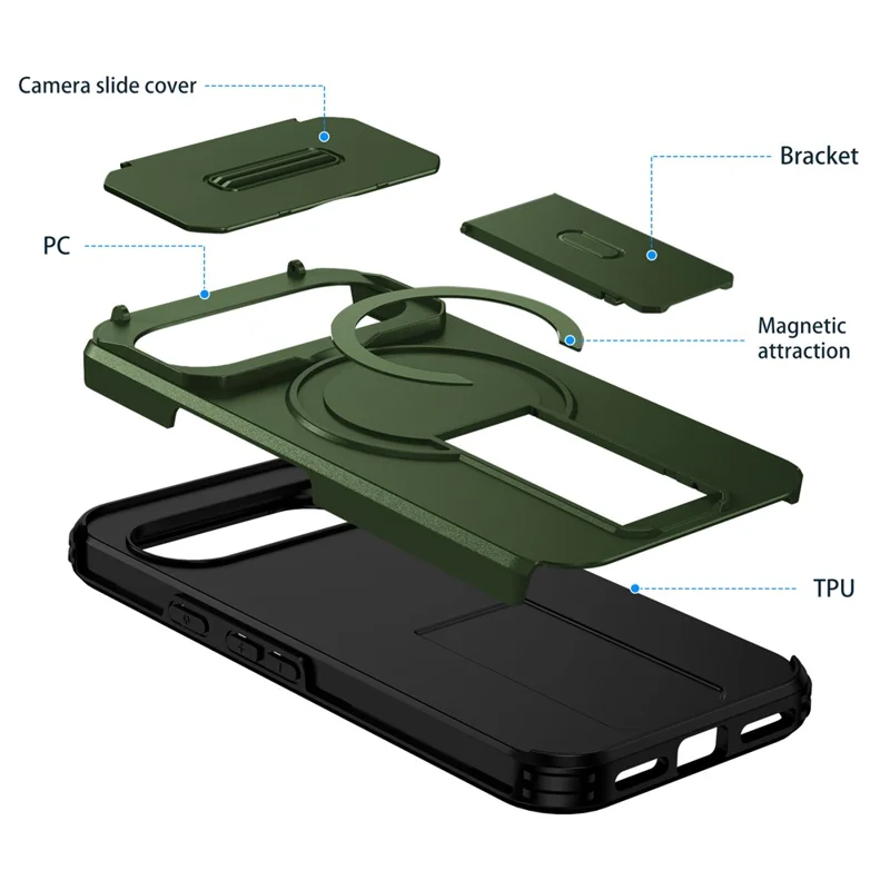 Kickstand Case for Google Pixel 10 Pro / 10 / 9 Pro / 9 PC + TPU Camera Slider Phone Cover Magnetic Case - Green