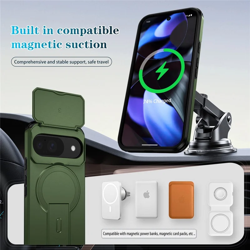 Kickstand Case for Google Pixel 10 Pro / 10 / 9 Pro / 9 PC + TPU Camera Slider Phone Cover Magnetic Case - Green