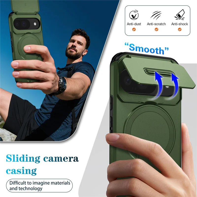 Kickstand Case for Google Pixel 10 Pro / 10 / 9 Pro / 9 PC + TPU Camera Slider Phone Cover Magnetic Case - Green