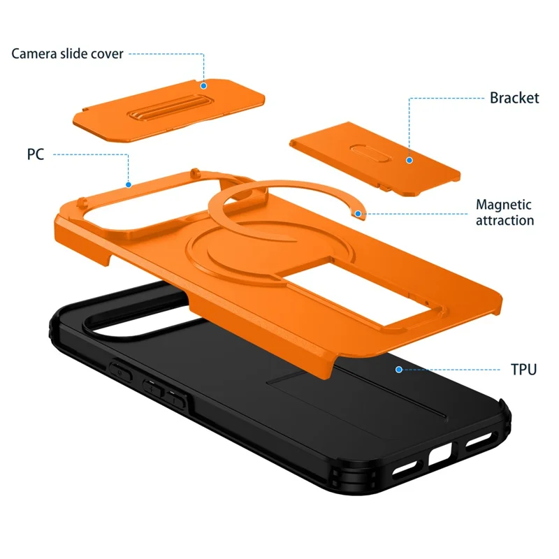 For Google Pixel 10 Pro XL / 9 Pro XL Case Kickstand Camera Slider PC + TPU Phone Cover Magnetic Case - Orange