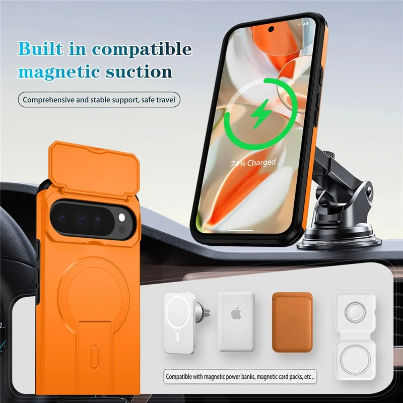 For Google Pixel 10 Pro XL / 9 Pro XL Case Kickstand Camera Slider PC + TPU Phone Cover Magnetic Case - Orange