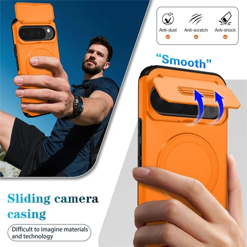 For Google Pixel 10 Pro XL / 9 Pro XL Case Kickstand Camera Slider PC + TPU Phone Cover Magnetic Case - Orange