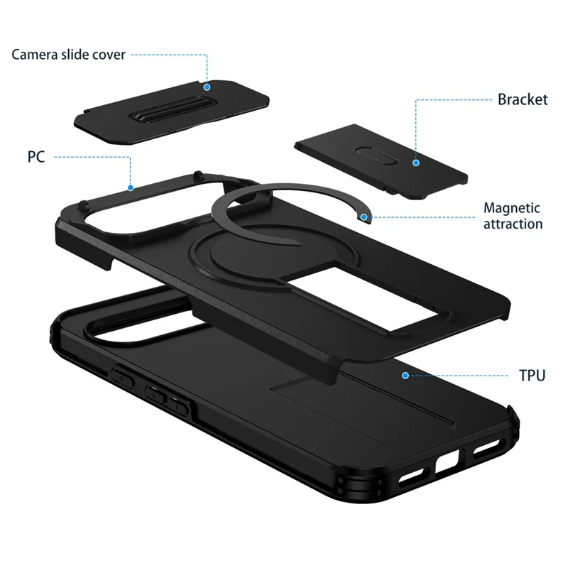 Pour Google Pixel 10 Pro XL / 9 Pro XL Étui Béquille Curseur Appareil Photo PC + Étui de Téléphone TPU Compatible avec MagSafe - Noir