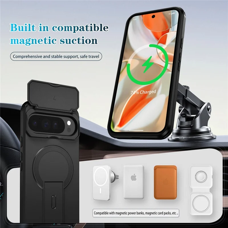 Pour Google Pixel 10 Pro XL / 9 Pro XL Étui Béquille Curseur Appareil Photo PC + Étui de Téléphone TPU Compatible avec MagSafe - Noir