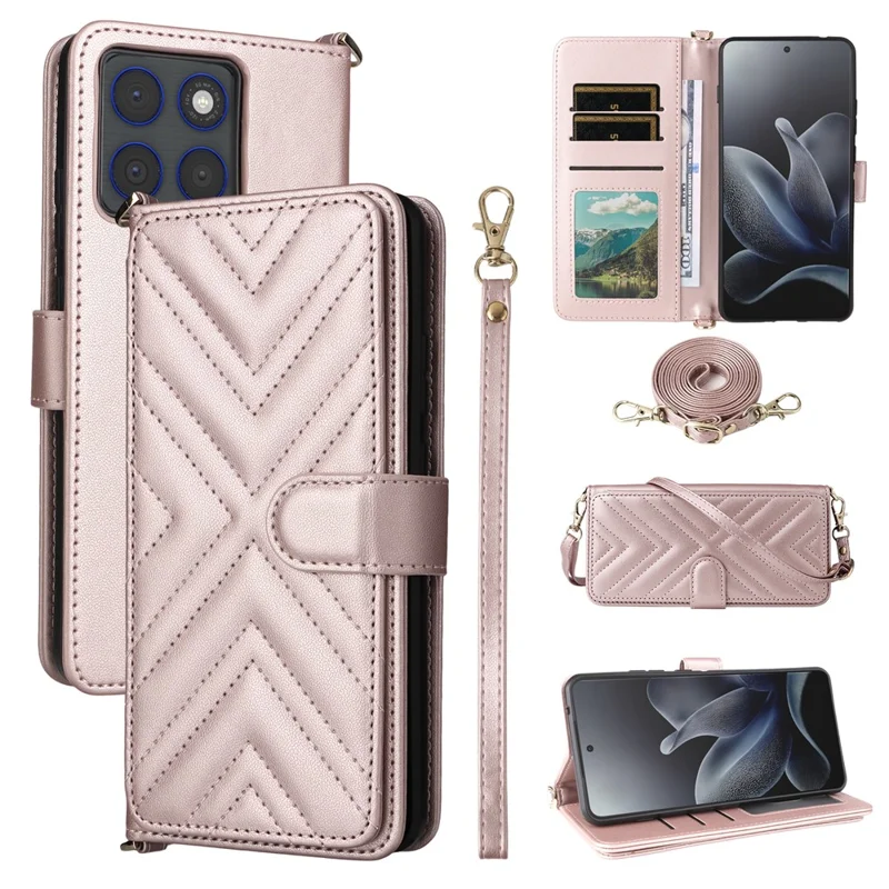 For Motorola Edge 70 5G Leather Case Stand Wallet Phone Cover with Shoulder / Wrist Strap - Pink