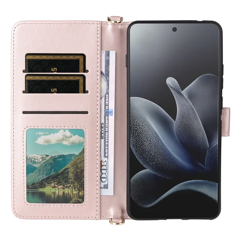 For Motorola Edge 70 5G Leather Case Stand Wallet Phone Cover with Shoulder / Wrist Strap - Pink