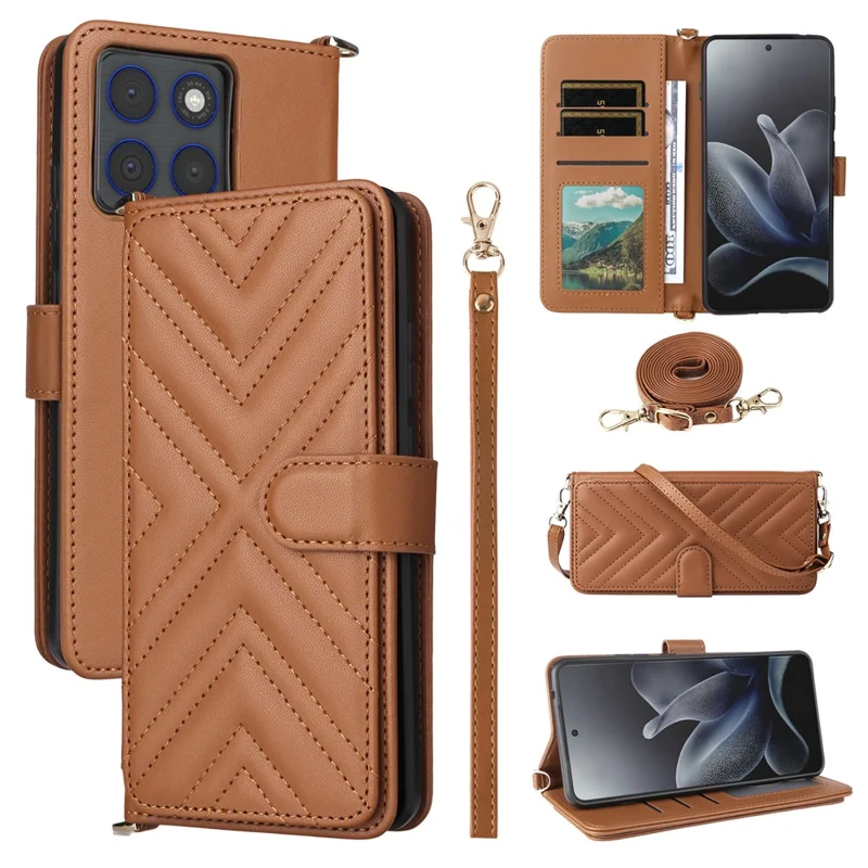 For Motorola Edge 70 5G Leather Case Stand Wallet Phone Cover with Shoulder / Wrist Strap - Brown