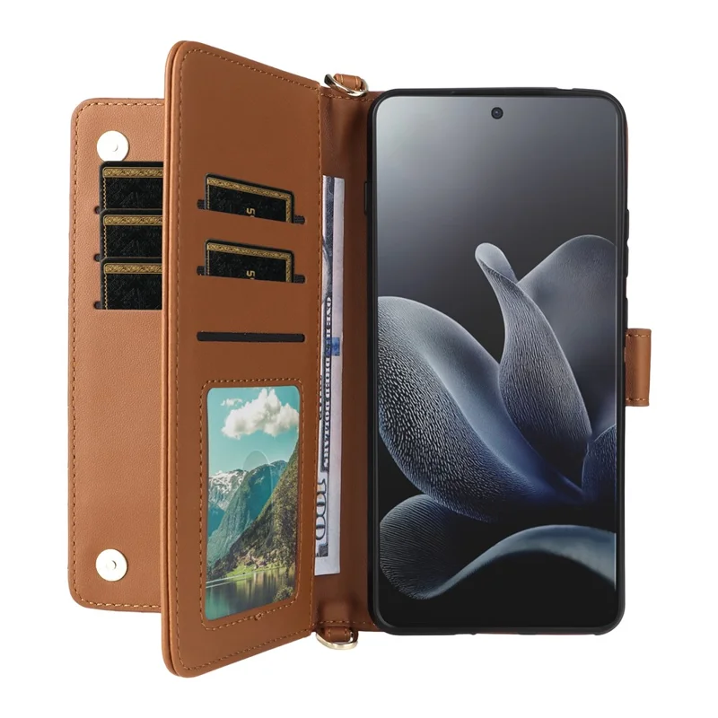 For Motorola Edge 70 5G Leather Case Stand Wallet Phone Cover with Shoulder / Wrist Strap - Brown