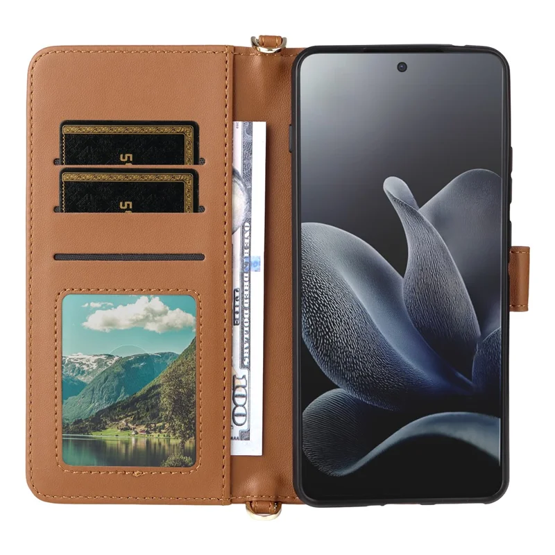 For Motorola Edge 70 5G Leather Case Stand Wallet Phone Cover with Shoulder / Wrist Strap - Brown