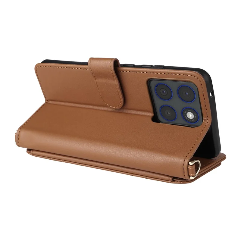 For Motorola Edge 70 5G Leather Case Stand Wallet Phone Cover with Shoulder / Wrist Strap - Brown