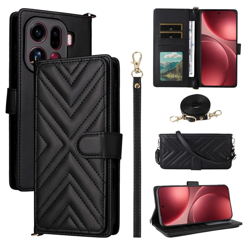 Étui en cuir pour Oppo Find X9 Pro 5G avec support et bandoulière/dragonne - Noir