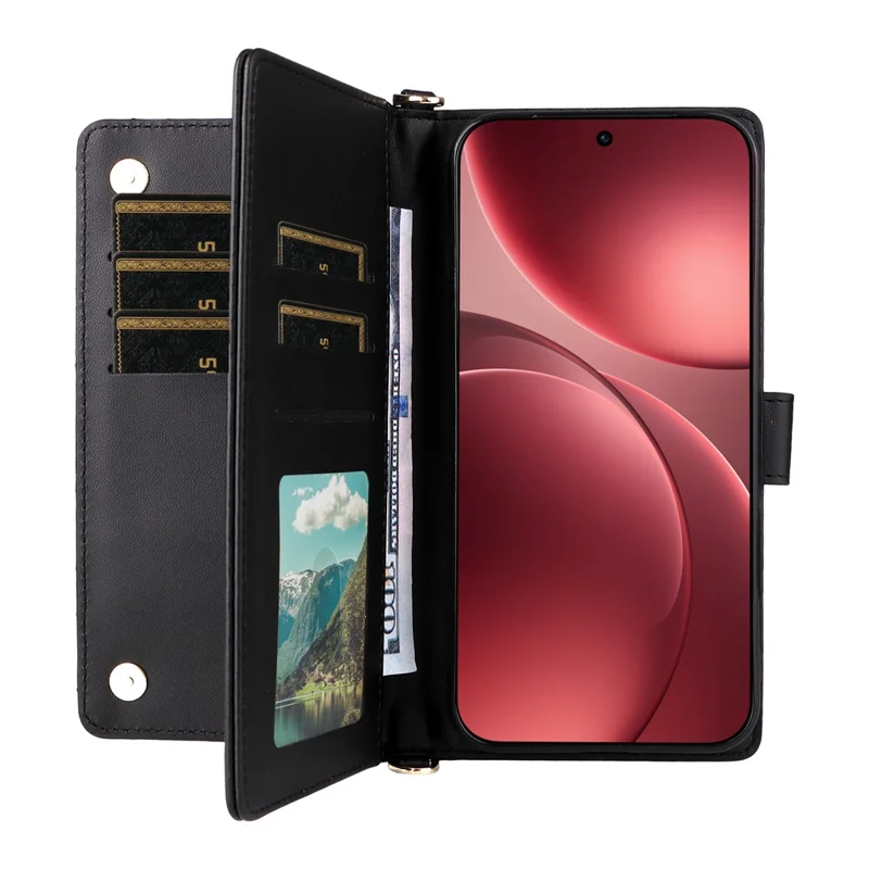 Étui en cuir pour Oppo Find X9 Pro 5G avec support et bandoulière/dragonne - Noir