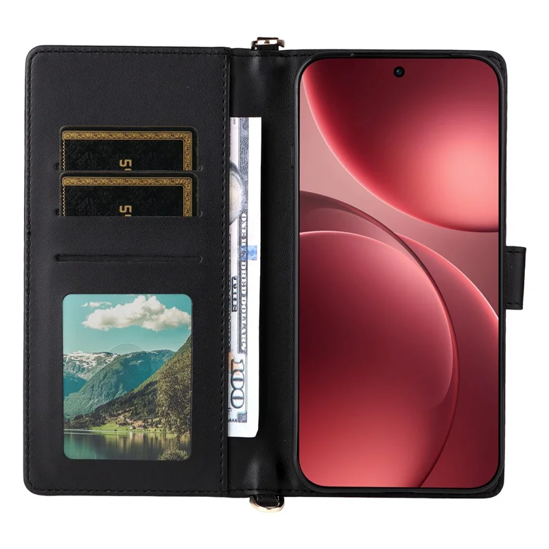 Étui en cuir pour Oppo Find X9 Pro 5G avec support et bandoulière/dragonne - Noir