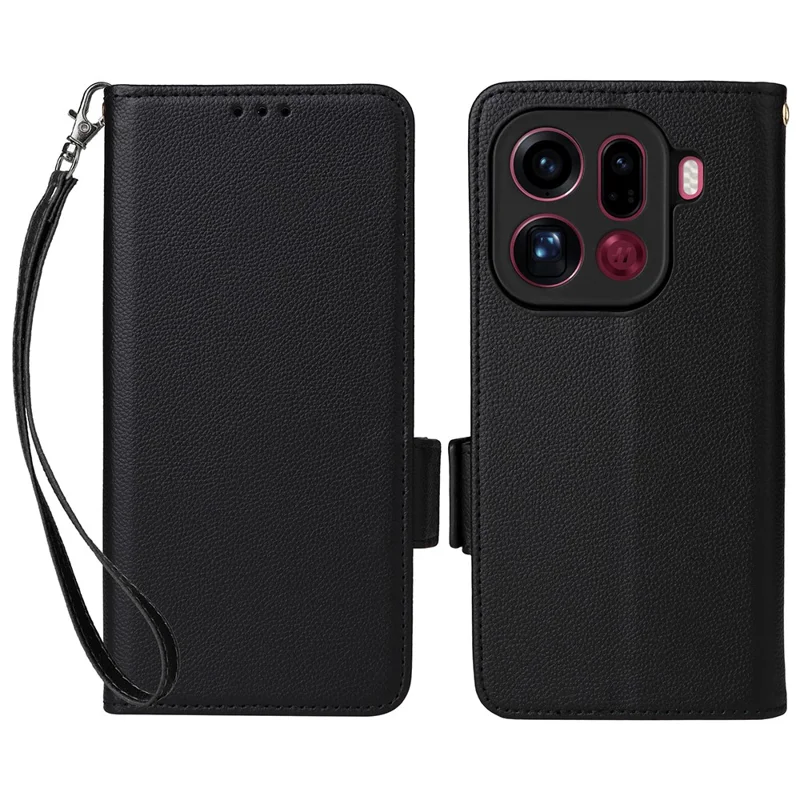 Per Oppo Find X9 Pro 5G Custodia Litchi Texture Wallet Leather Phone Cover con Cinturino da Polso - Nero