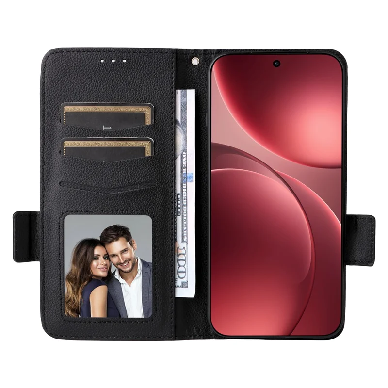 Per Oppo Find X9 Pro 5G Custodia Litchi Texture Wallet Leather Phone Cover con Cinturino da Polso - Nero