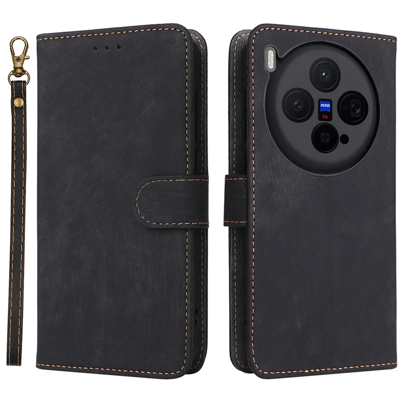 For vivo X300 5G Case Wallet RFID Blocking PU Leather Phone Cover Stand with Strap - Black