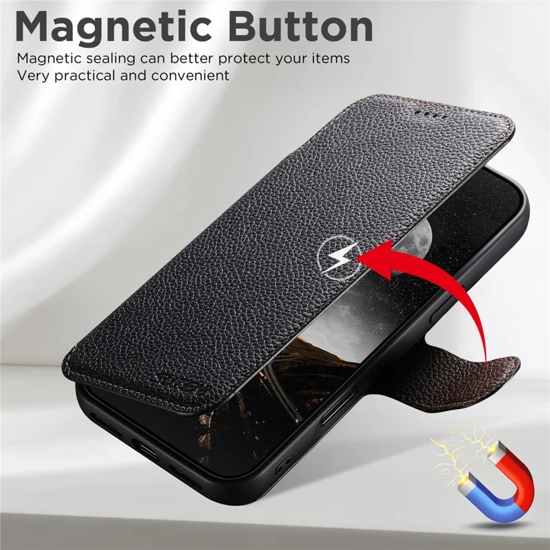 SUTENI Q-05 Für iPhone 17 Pro Max Magnetische Hülle Litchi-Textur Geldbörse Stand Abnehmbare Leder Telefonabdeckung - Schwarz