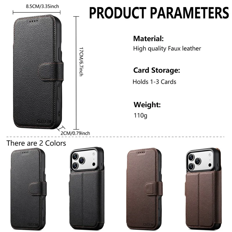 SUTENI Q-05 Für iPhone 17 Pro Max Magnetische Hülle Litchi-Textur Geldbörse Stand Abnehmbare Leder Telefonabdeckung - Schwarz