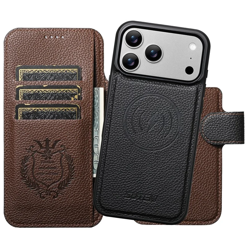 SUTENI Q-05 Für iPhone 17 Pro Max Magnetische Hülle Litchi-Textur Geldbörse Stand Abnehmbare Leder Telefonabdeckung - Schwarz