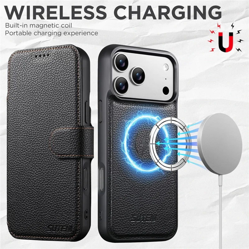 SUTENI Q-05 Für iPhone 17 Pro Max Magnetische Hülle Litchi-Textur Geldbörse Stand Abnehmbare Leder Telefonabdeckung - Schwarz