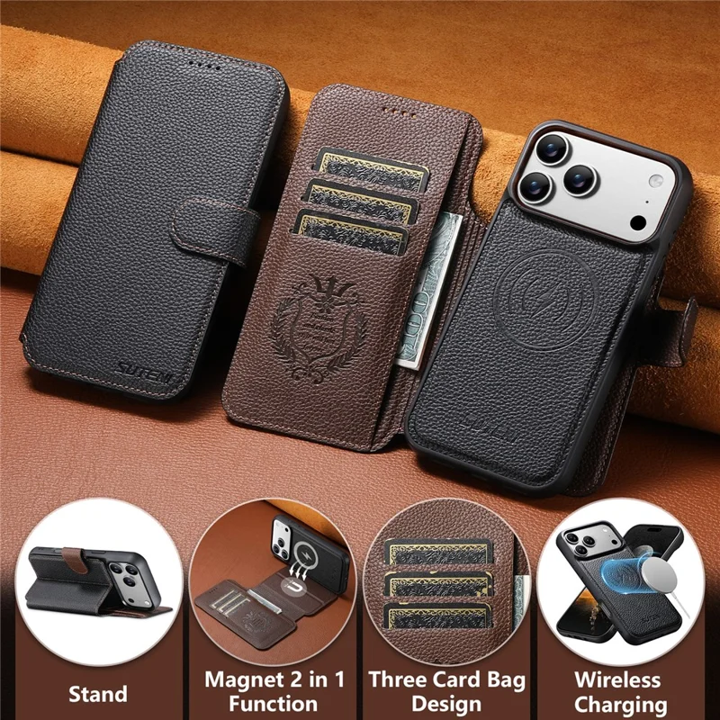 SUTENI Q-05 Für iPhone 17 Pro Magnetische Hülle Litchi-Textur Geldbörse Ständer Abnehmbare Leder Telefonabdeckung - Schwarz