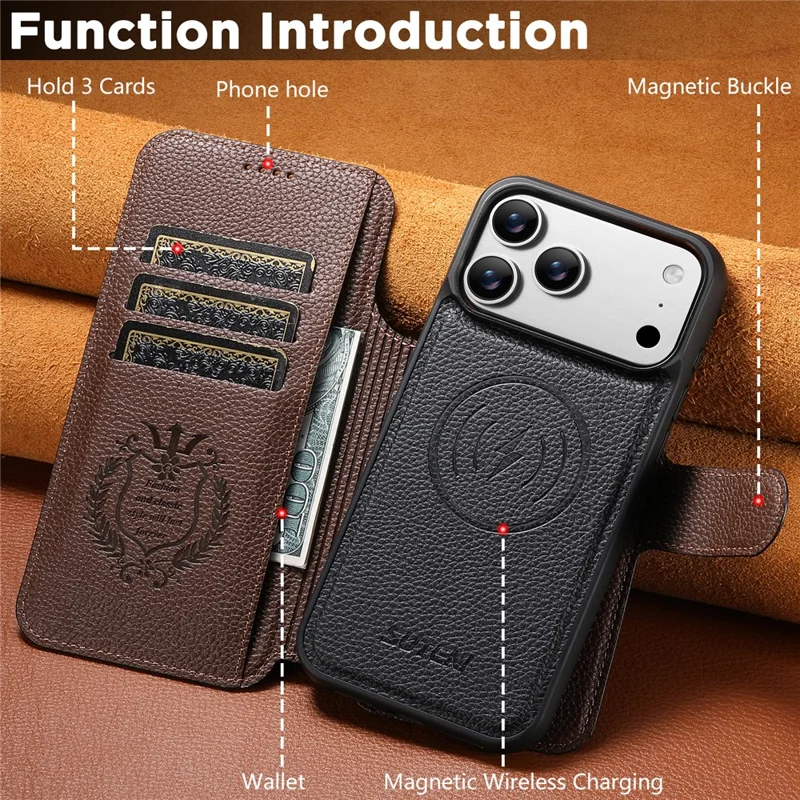 SUTENI Q-05 Für iPhone 17 Pro Magnetische Hülle Litchi-Textur Geldbörse Ständer Abnehmbare Leder Telefonabdeckung - Schwarz