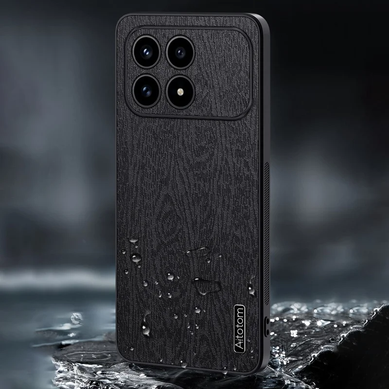For Xiaomi Redmi K90 5G / Poco F8 Pro Case Wood Texture PU Leather Coated PC TPU Phone Cover - Black