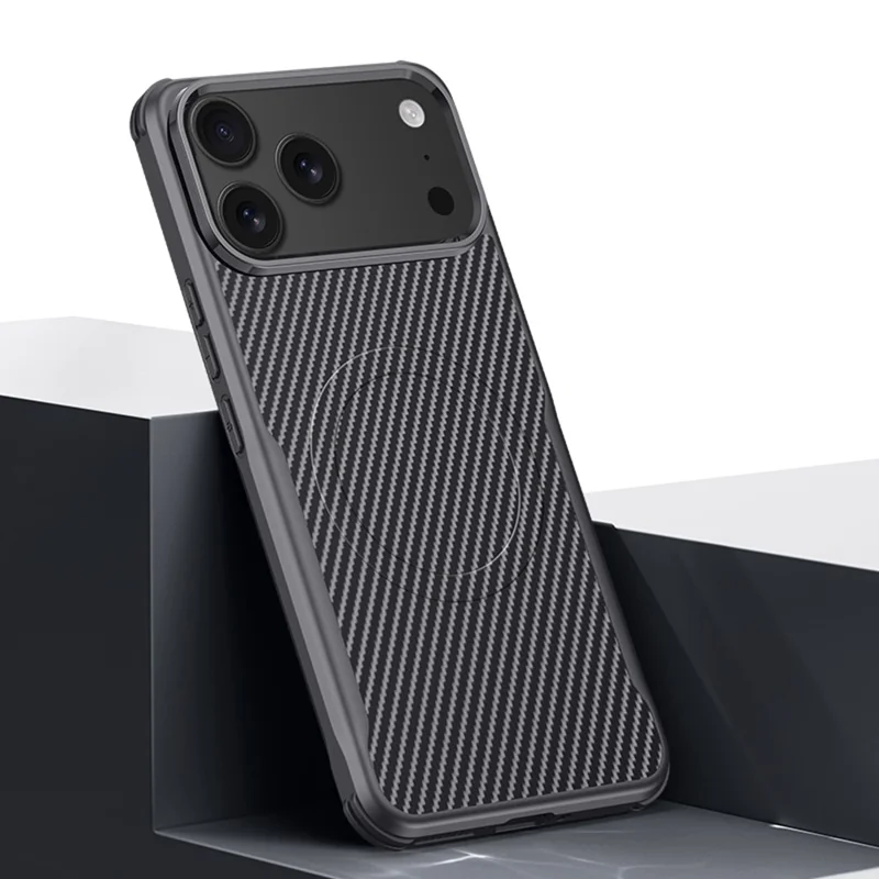 For iPhone 17 Pro Case Compatible with MagSafe Carbon Fiber PU + PC + Silicone Protective Cover - Black