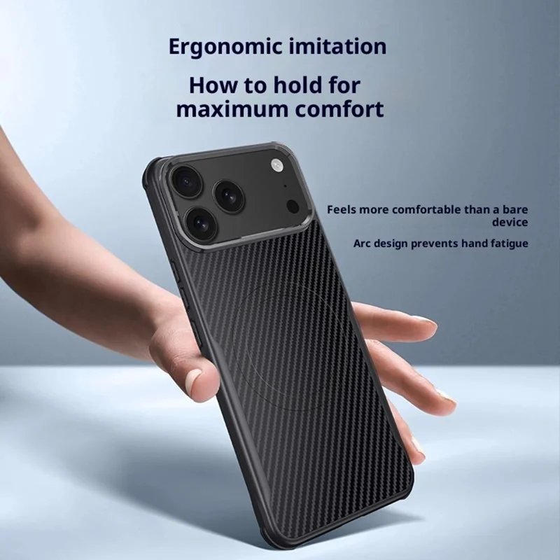 For iPhone 17 Pro Case Compatible with MagSafe Carbon Fiber PU + PC + Silicone Protective Cover - Black