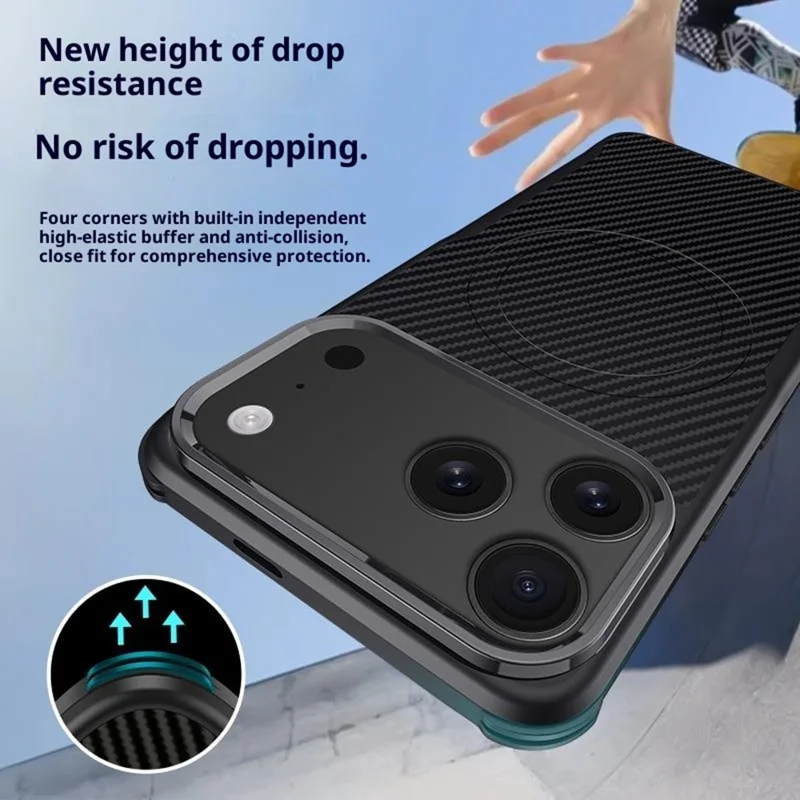 For iPhone 17 Pro Case Compatible with MagSafe Carbon Fiber PU + PC + Silicone Protective Cover - Black