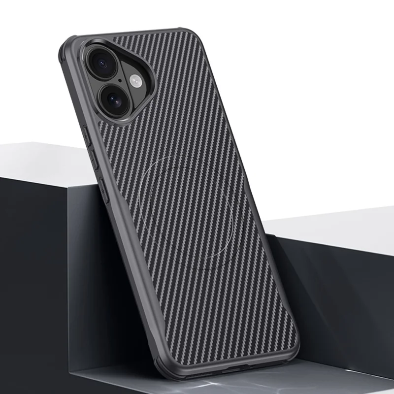 For iPhone 17 Case Compatible with MagSafe Carbon Fiber PU+PC+Silicone Protective Cover - Black