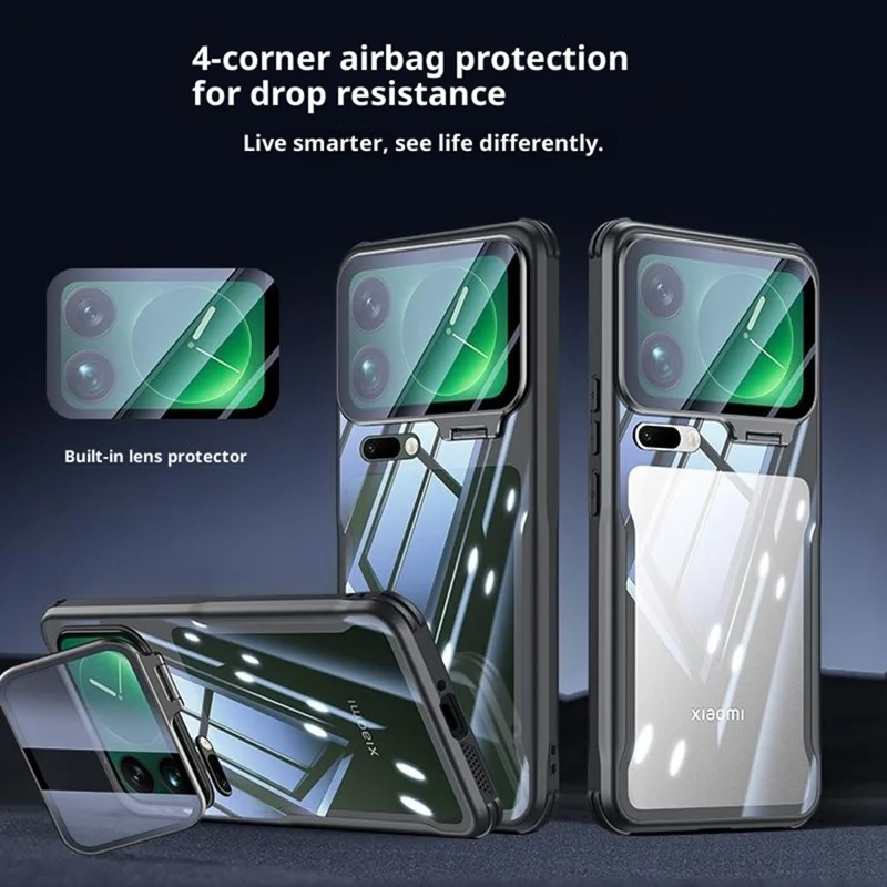 For Xiaomi 17 Pro Case PC + TPU Clear Phone Shell with Glass Lens Cover Kickstand