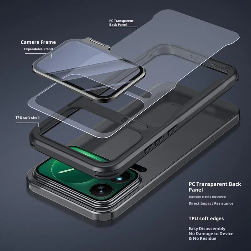 For Xiaomi 17 Pro Case PC + TPU Clear Phone Shell with Glass Lens Cover Kickstand